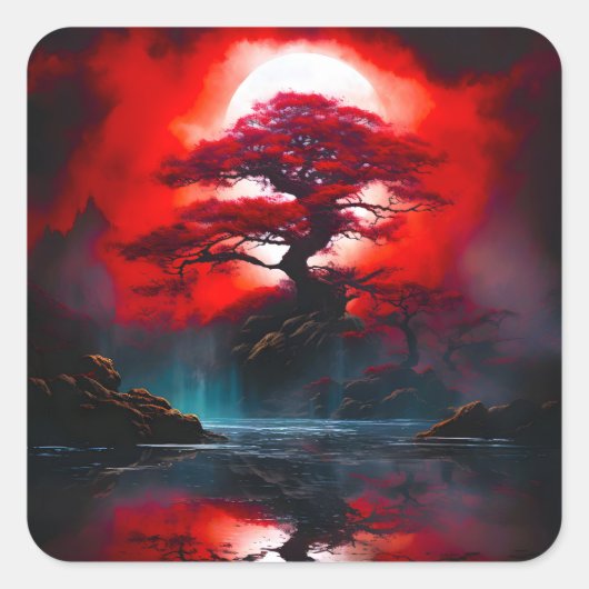Mystical Red Tree Under Full Moon スクエアシール (正面)