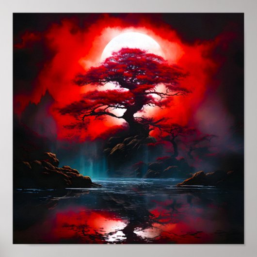 Mystical Red Tree Under Full Moon ポスター (正面)