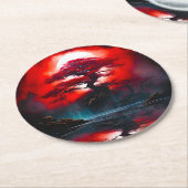 Mystical Red Tree Under Full Moon ラウンドペーパーコースター (アングル)