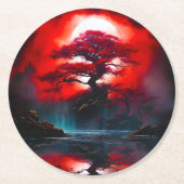 Mystical Red Tree Under Full Moon ラウンドペーパーコースター (正面)
