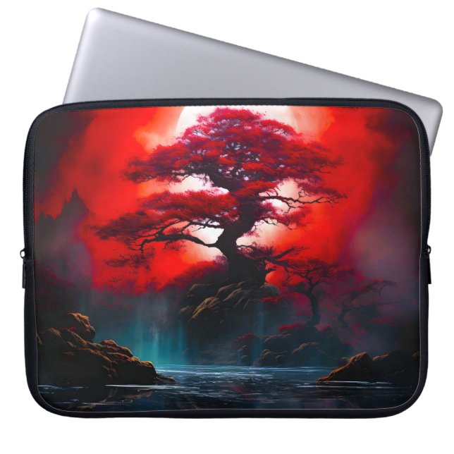 Mystical Red Tree Under Full Moon ラップトップスリーブ (正面)