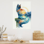 Mystical Sunset Cat Double Exposure Watercolor ポスター (キッチン)
