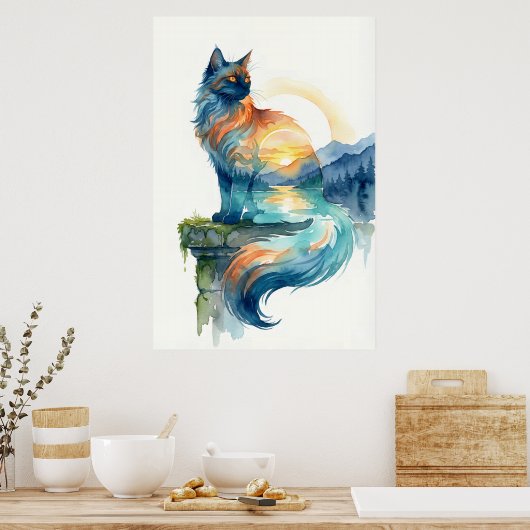 Mystical Sunset Cat Double Exposure Watercolor ポスター (キッチン)