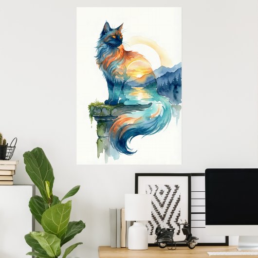 Mystical Sunset Cat Double Exposure Watercolor ポスター (ホームオフィス)