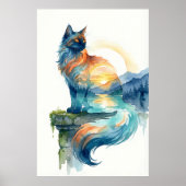 Mystical Sunset Cat Double Exposure Watercolor ポスター (正面)