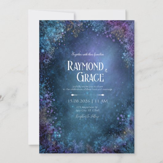 Mystical Teal Celestial Floral Galaxy Wedding 招待状 (正面)