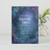 Mystical Teal Celestial Floral Galaxy Wedding 招待状 (スタンド正面)