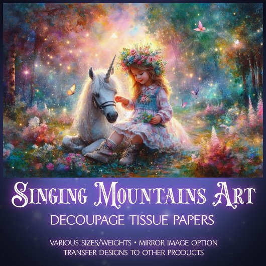 Mystical Unicorn and Girl In Forest Decoupage 薄葉紙