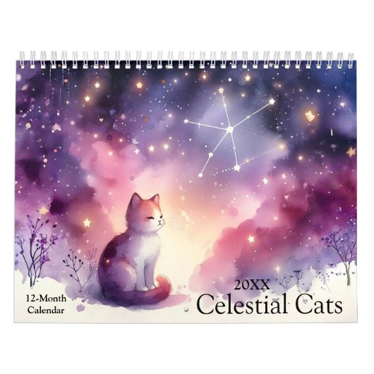 Mystical Watercolor Celestial Cats 2026 Wall カレンダー (カバー)
