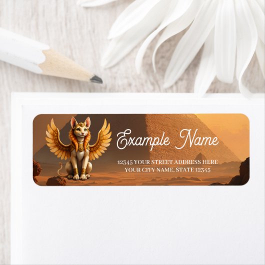 Mystical Winged Cat Sphinx – Egyptian Fantasy Art. ラベル (インサイチュ)