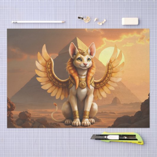 Mystical Winged Cat Sphinx – Egyptian Fantasy Art. 薄葉紙 (クラフト)