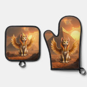 Mystical Winged Cat Sphinx – Egyptian Fantasy Art. 鍋つかみ&鍋敷きセット (正面)