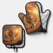 Mystical Winged Cat Sphinx – Egyptian Fantasy Art. 鍋つかみ&鍋敷きセット (正面/裏面)