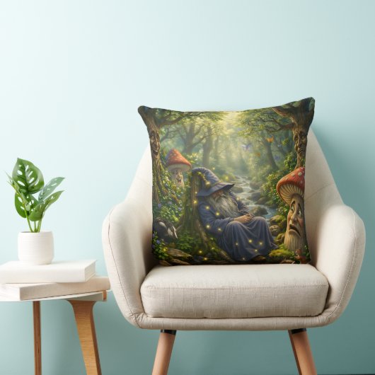 Mystical wizard and glowing firefly throw pillow d クッション (椅子)