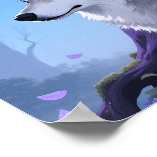 Mystical Wolf and Wisteria Moon Fantasy Art Print ポスター (角)