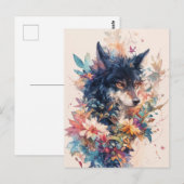 Mystical Wolf in Vibrant Watercolor Blooms ポストカード (正面/裏面)