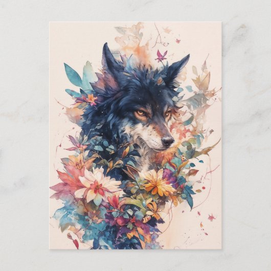 Mystical Wolf in Vibrant Watercolor Blooms ポストカード (正面)