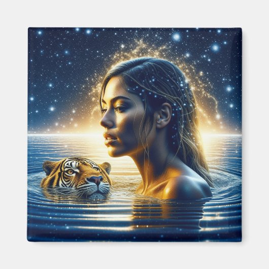 Mystical Woman Swimming with Tiger マグネット (正面)