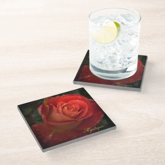 Mystique Dark Botanical Red Orange Rose Coaster ガラスコースター (アングル)