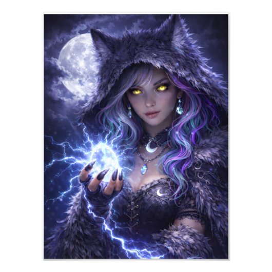 Mystische Wolfs-Kriegerin – Night Spirit Poster フォトプリント (正面)