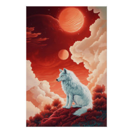 Mystischer weißer Wolf unter rotem Himmel ポスター