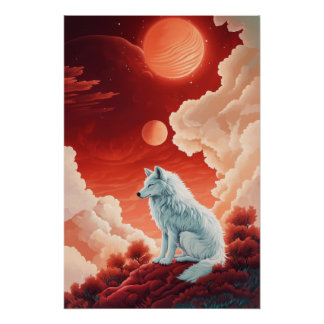 Mystischer weißer Wolf unter rotem Himmel ポスター