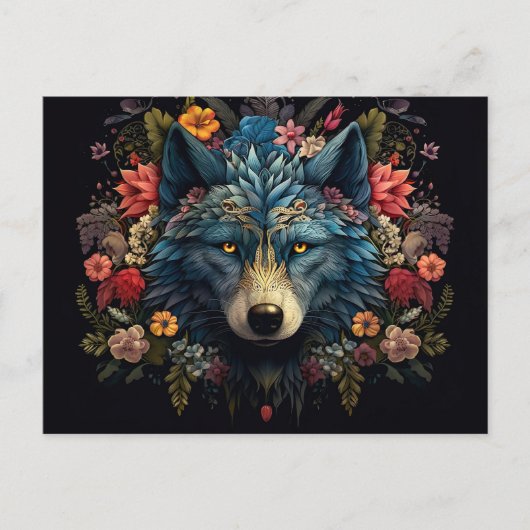 Mystischer Wolf umringt von Blumen ポストカード (正面)