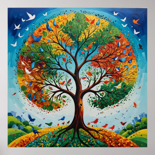 Mythical Tree of Seasons - Gond Art ポスター (正面)