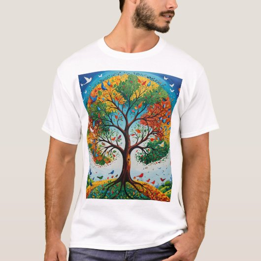 Mythical Tree of Seasons - Gond Art Tシャツ (正面)