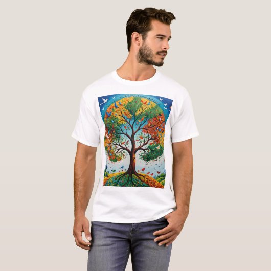 Mythical Tree of Seasons - Gond Art Tシャツ (正面フル)