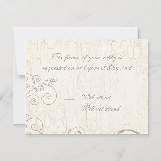 「nの白いダマスク織(薄紫) RSVPの応答カードを黒くして下さい 出欠カード (裏面)