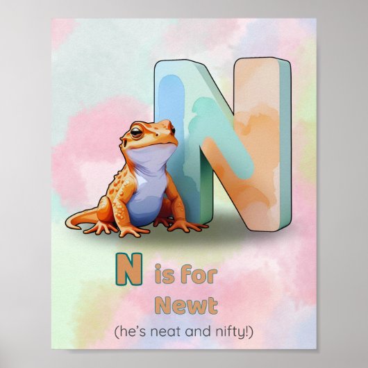 NはイモリのN - 動物のアルファベットの壁掛けアート ポスター (正面)