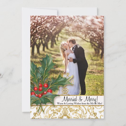 nメリー結婚したクリスマス金ゴールドグリッターホリー写真 シーズンカード (正面)