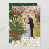 nメリー結婚したクリスマス金ゴールドグリッターホリー写真 シーズンカード (正面/裏面)