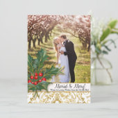 nメリー結婚したクリスマス金ゴールドグリッターホリー写真 シーズンカード (スタンド正面)