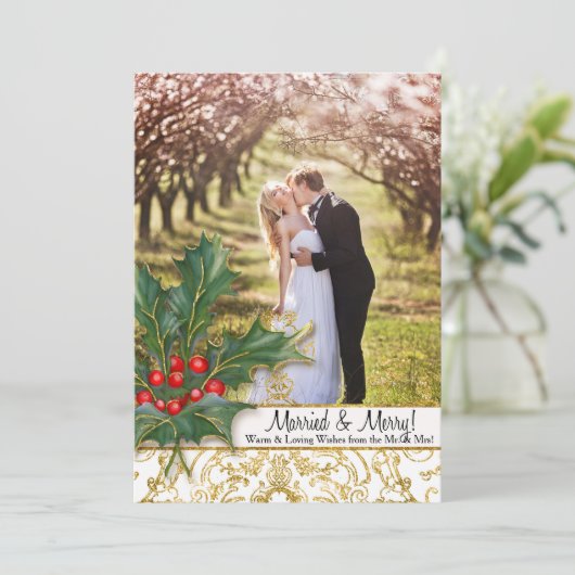 nメリー結婚したクリスマス金ゴールドグリッターホリー写真 シーズンカード (スタンド正面)