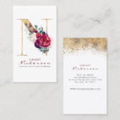 Nモノグラムブルゴーニュ赤い花と金ゴールドグリッター 名刺 (正面/裏面)