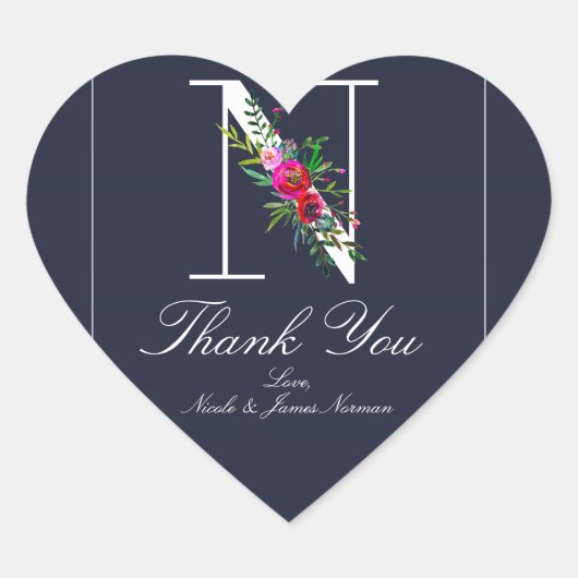 Nモノグラムラストイニシャルモダンブルーフローラ結婚ズ ハートシール (正面)