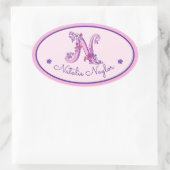 N文字モノグラム名前をカスタムするIDピンクステッカー 楕円形シール (バッグ)