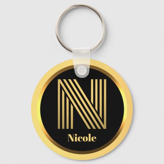 N金ゴールドモノグラムのキーパーソナライズされたチェーン キーホルダー (正面)