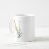 N金色のイニシャルと青いフローラの葉 コーヒーマグカップ (正面左)