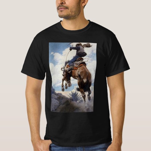 N.C.ワイエスによる西部劇のカウボーイ、暴れる馬 Tシャツ (正面)