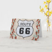 NA、米国、アリゾナのHolbrookのルート66の道路標識 カード (黄色い花)