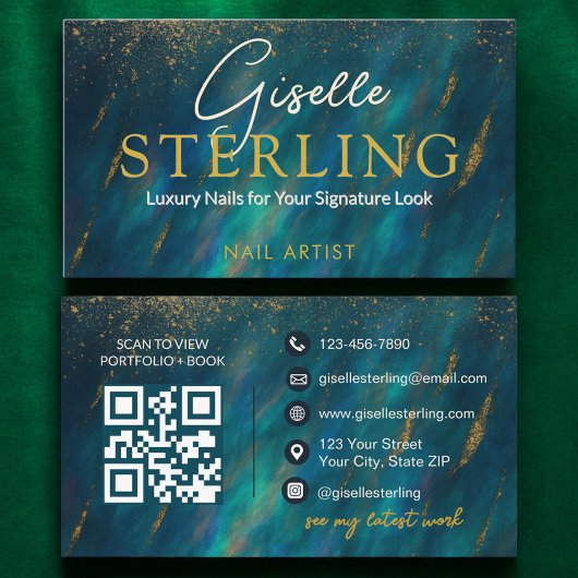 Nail Artist Dark Green Opal Stone QR Code 名刺