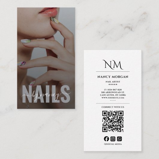 Nail Artist Elegant Script Photo Monogram QR Code 名刺 (正面/裏面)