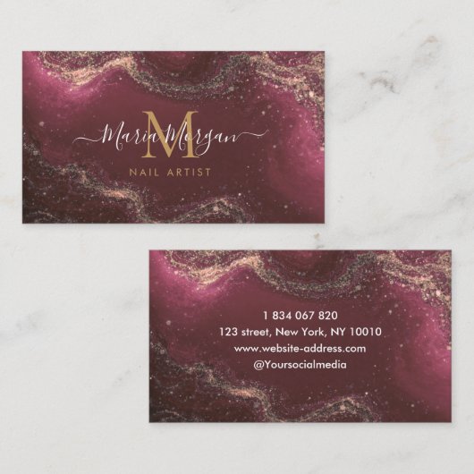 Nail Artist Luxury Burgundy Agate Gold Monogram  名刺 (正面/裏面)