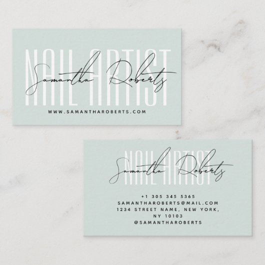Nail artist modern typography script blue 名刺 (正面/裏面)