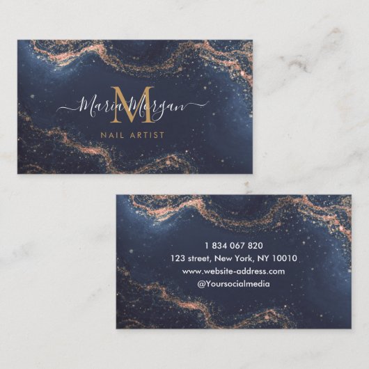 Nail Artist Navy Blue Agate Gold Monogram 名刺 (正面/裏面)