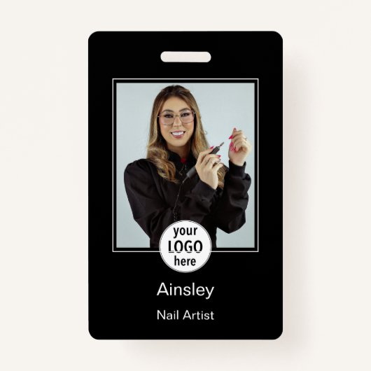  Nail Artist Photo Logo Black White Name バッジ (正面)