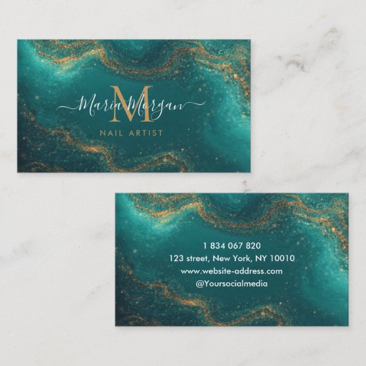 Nail Artist Turquoise Teal Agate Gold Monogram 名刺 (正面/裏面)